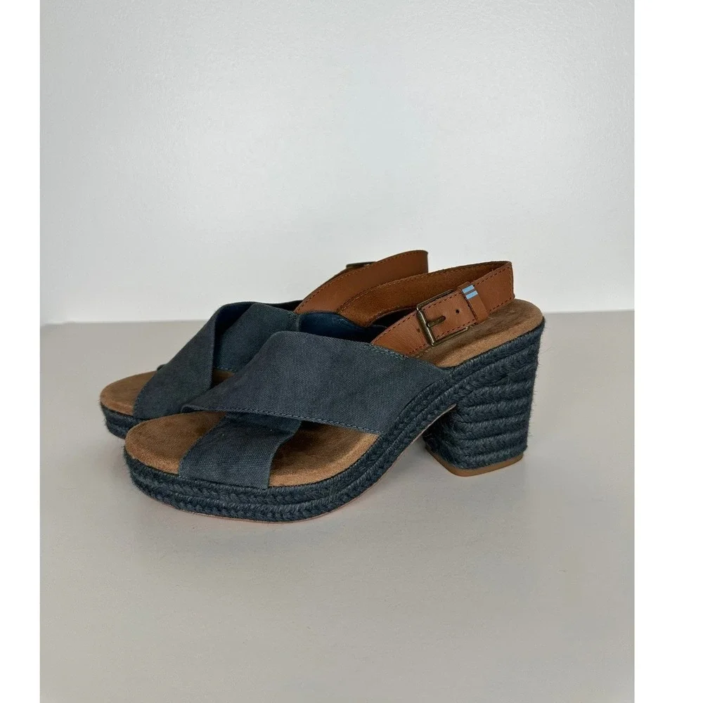 Toms Ibiza Espadrille Platform Wedge Sandals Sz 7.5 Majolica Blue Platform Heel